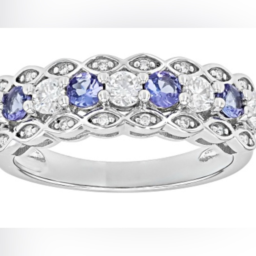 😍 Lovely Moissanite And Tanzanite Platineve Band Ring .66ctw DEW. Pristine cond.